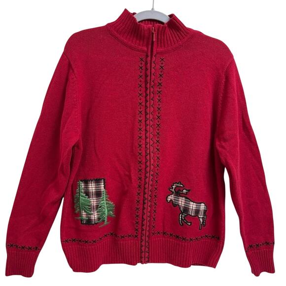 Bechamel Sweaters - Bechamel Vintage 90s Womens L Red Christmas Sweater Moose Trees Zip Cardigan
